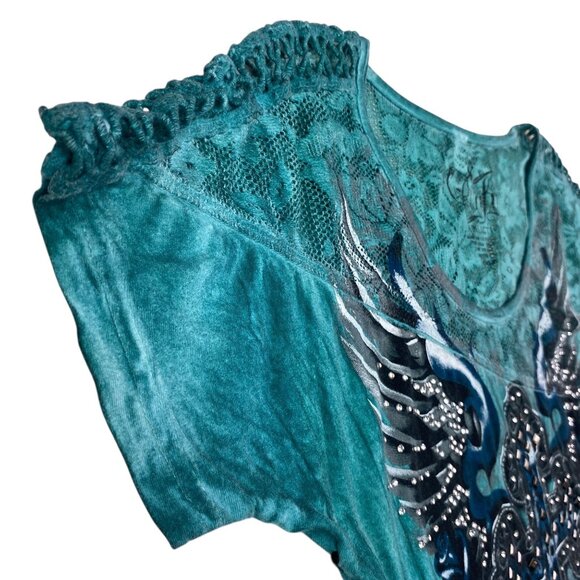 Sinful By Affliction Womens S Lace Tee Distressed Studded Wing Graphic Turquoise - Picture 7 of 16